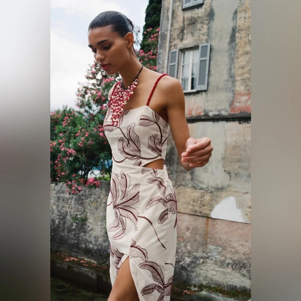 Zara Floral Embroidered Cut Out Midi Braided Straps Resort Wear Dress (Small) - Picture 3 of 11